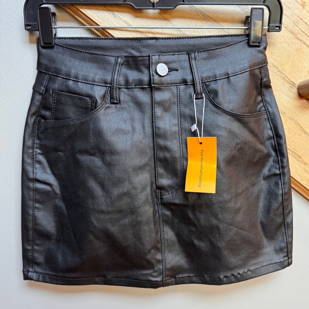 NWT MYOURSA Womens‎ Vegan Leather Black Mini Skirt XS Whimsigoth Grunge Alt Emo